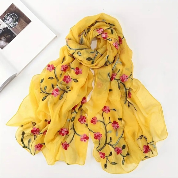 High Quality Extra Soft Flower Scarf Shawl Embroidery Flower Yellow Pink Chiffon - Picture 1 of 6